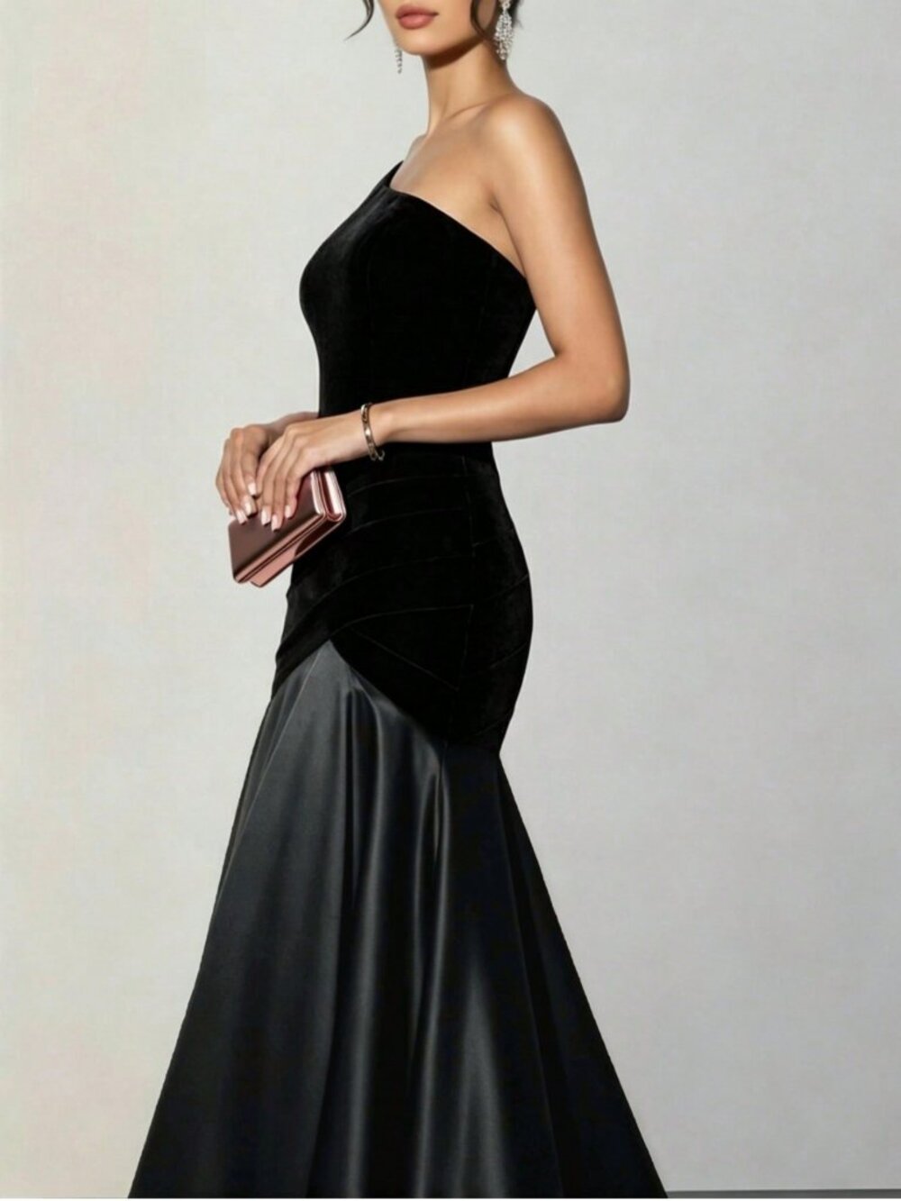 Black Women's Asymmetrical Ruched Plain High-Waist A-Line Maxi Dress - Picture 4 of 4